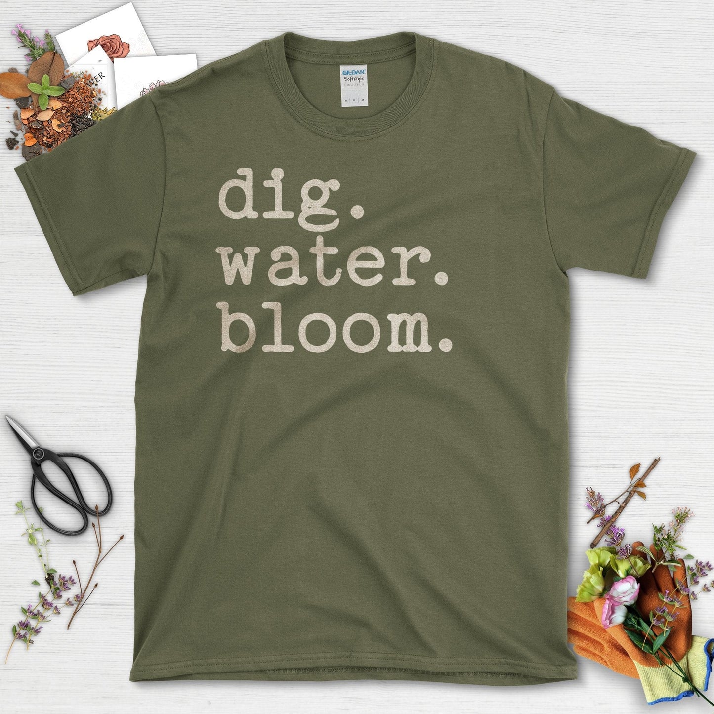 Dig Water Bloom Gardening Inspiration T-Shirt Military Green / S T-Shirt