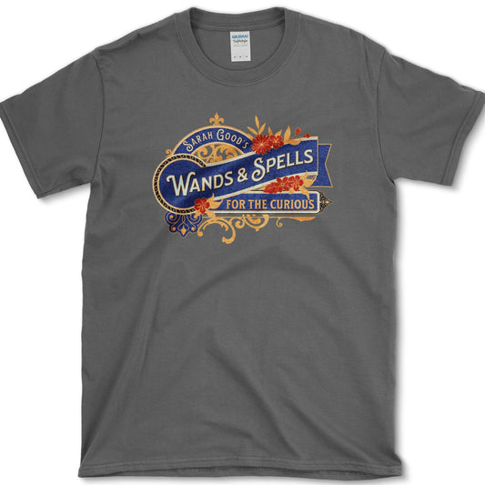 Wands And Spells artwork featuring wands and spells and witch label on a T-shirt