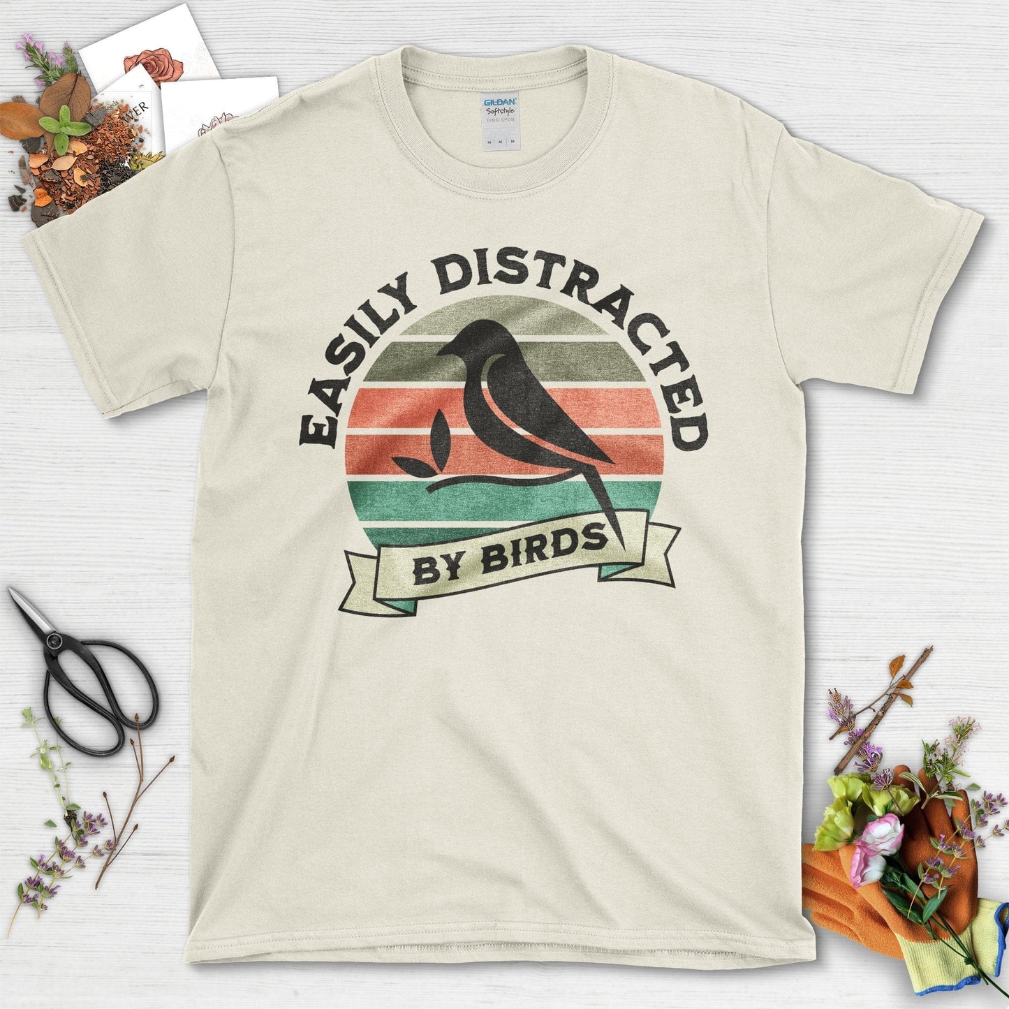 Easily Distracted By Birds Garden Themed Graphic T-Shirt Natural / S T-Shirt