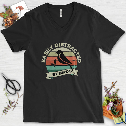 Easily Distracted By Birds V-Neck Black / S T-Shirt