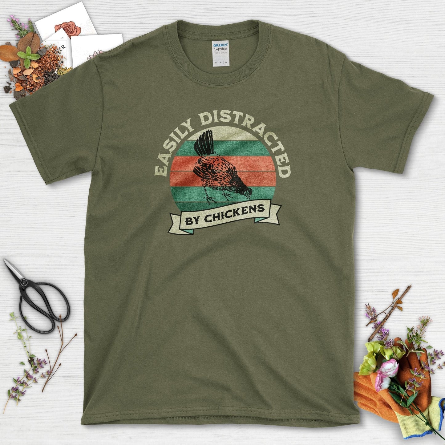 Easily Distracted By Chickens T-Shirt Military Green / S T-Shirt