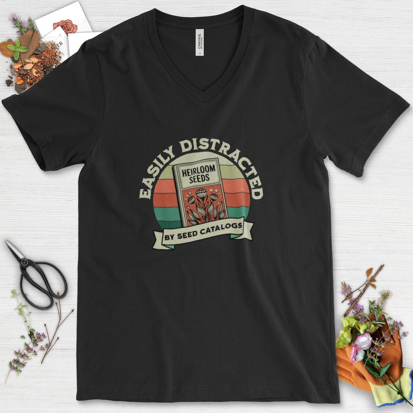 Easily Distracted By Seed Catalogs V-Neck Black / S T-Shirt