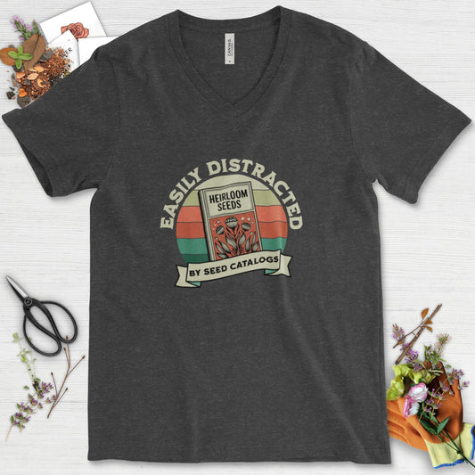 Easily Distracted By Seed Catalogs V-Neck Dark Grey Heather / S T-Shirt