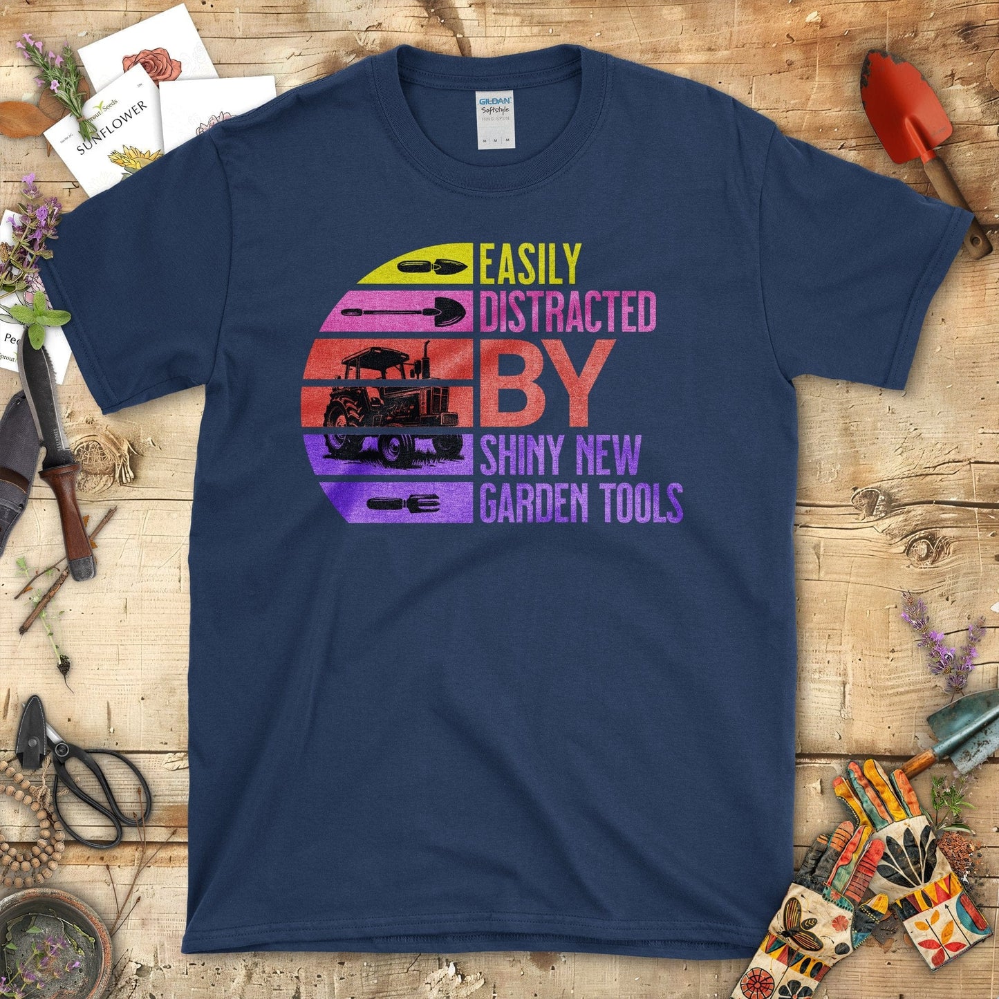 Easily Distracted By Shiny New Garden Tools T-Shirt Navy / S T-Shirt