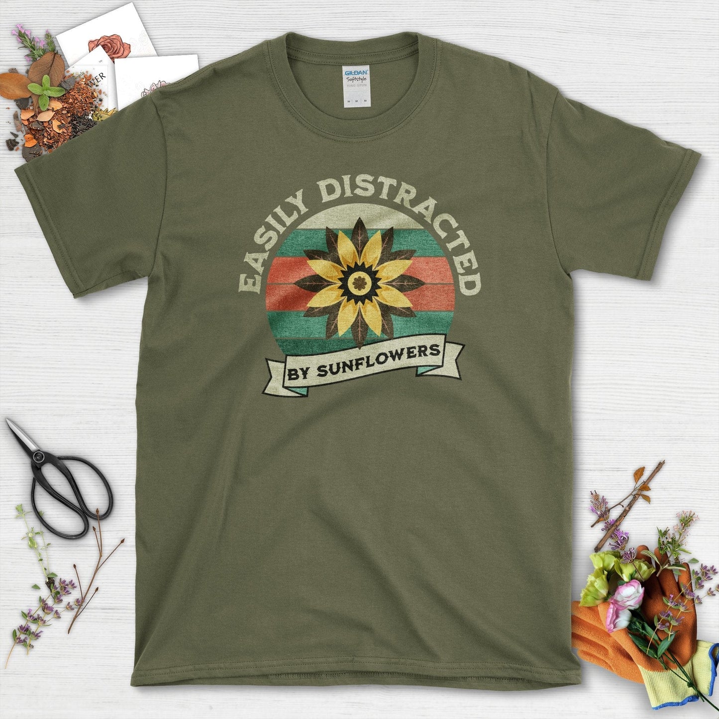 Easily Distracted By Sunflowers T-Shirt Military Green / S T-Shirt