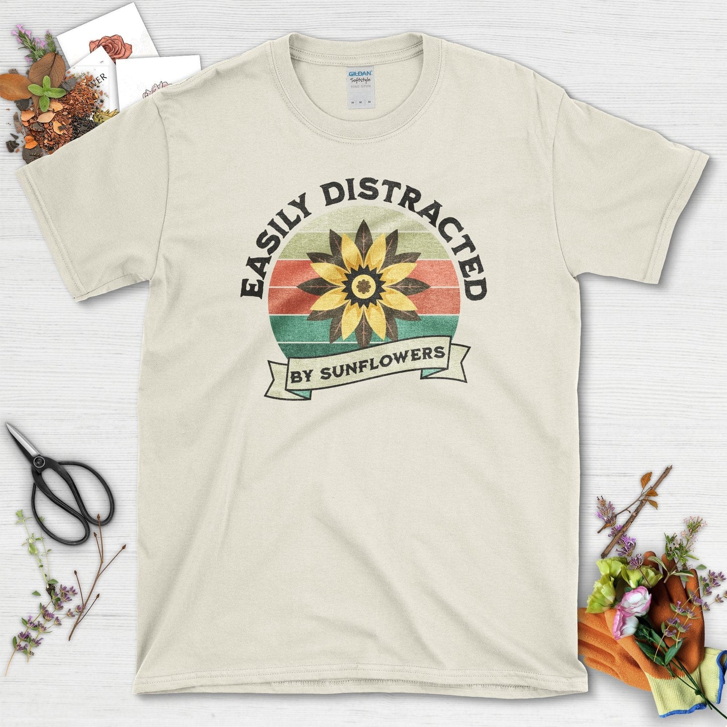 Easily Distracted By Sunflowers T-Shirt Natural / S T-Shirt