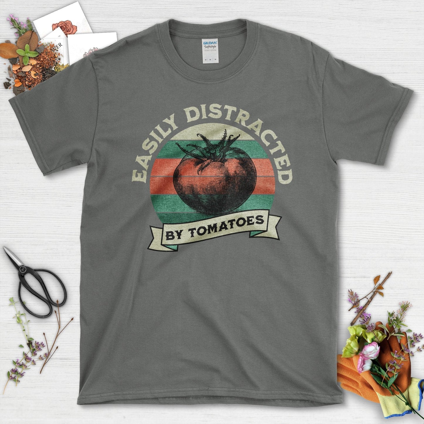 Easily Distracted By Tomatoes Fun Gardening T-Shirt Charcoal / S T-Shirt