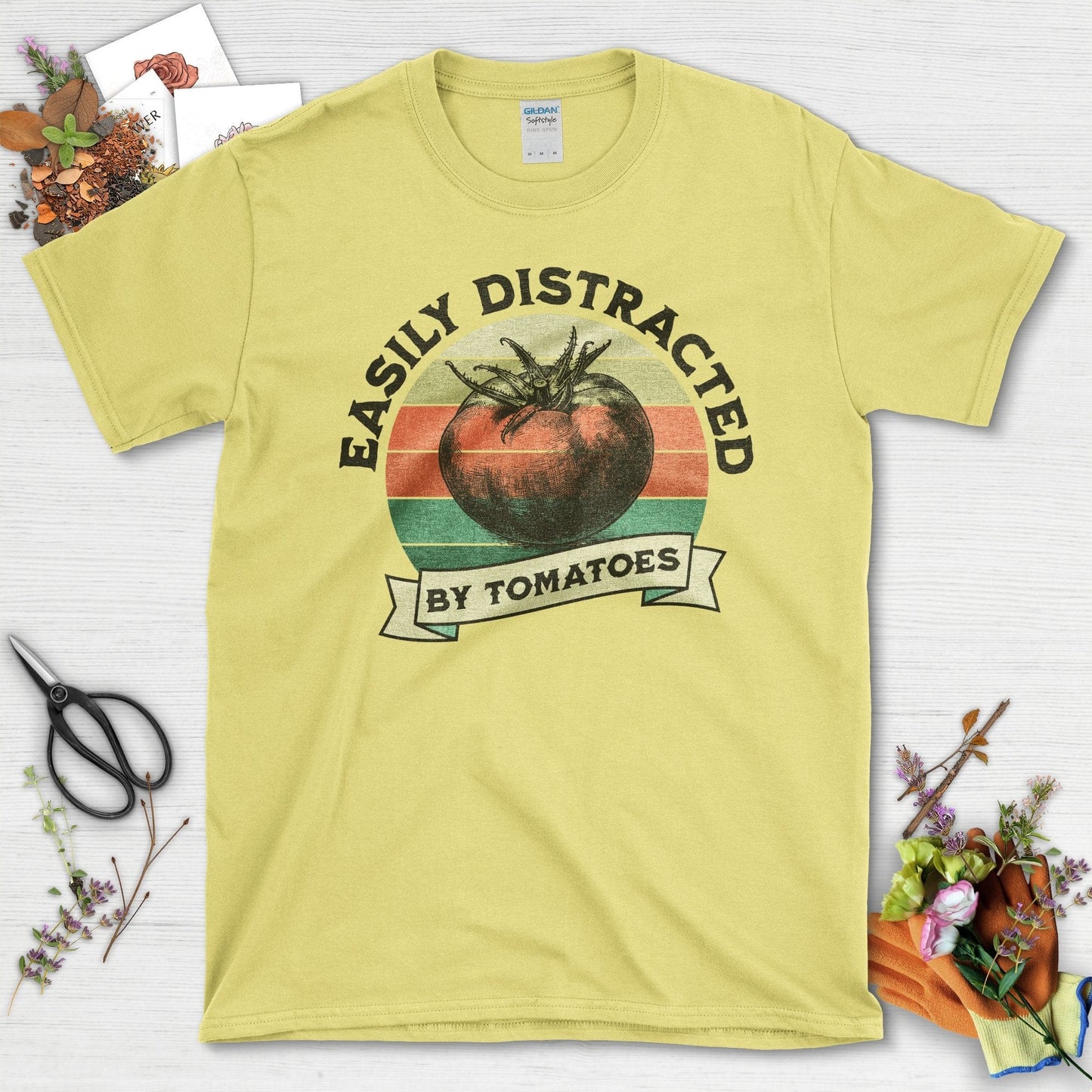 Easily Distracted By Tomatoes Fun Gardening T-Shirt Cornsilk / S T-Shirt