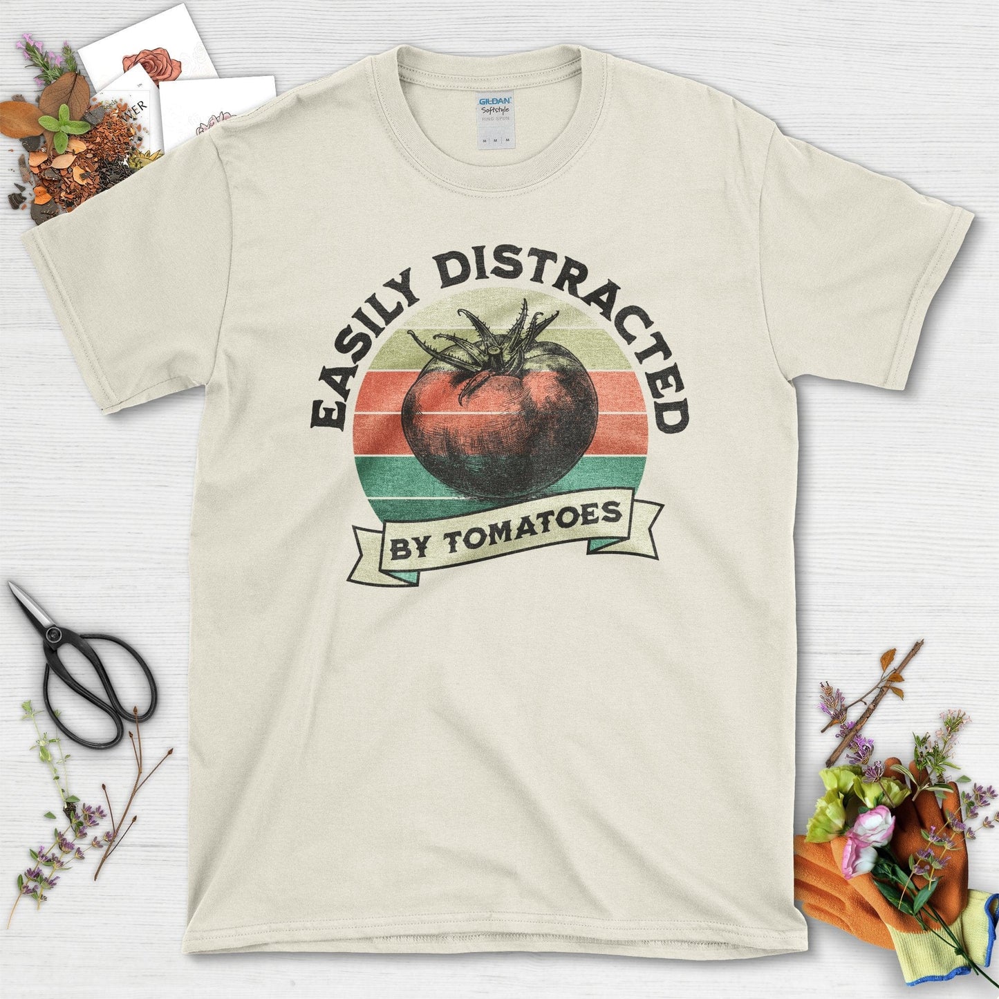 Easily Distracted By Tomatoes Fun Gardening T-Shirt Natural / S T-Shirt