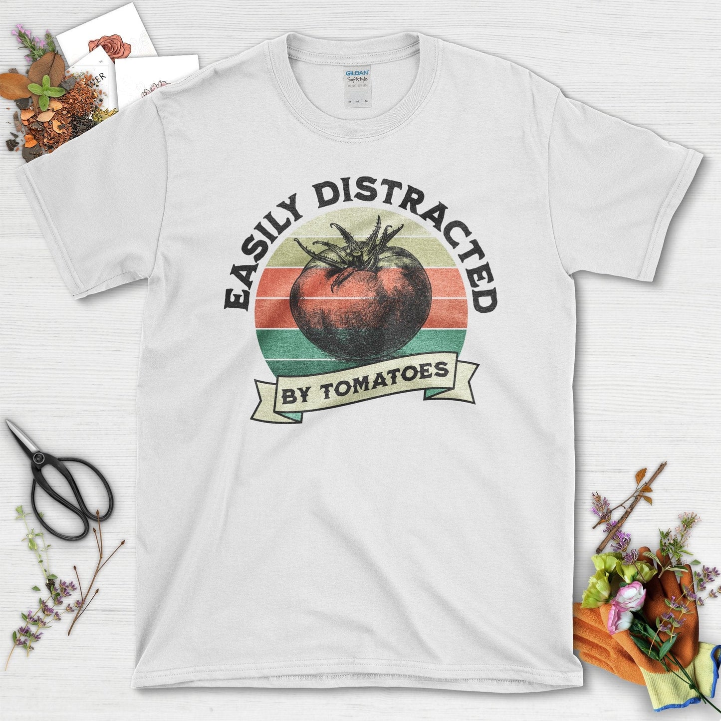 Easily Distracted By Tomatoes Fun Gardening T-Shirt White / S T-Shirt