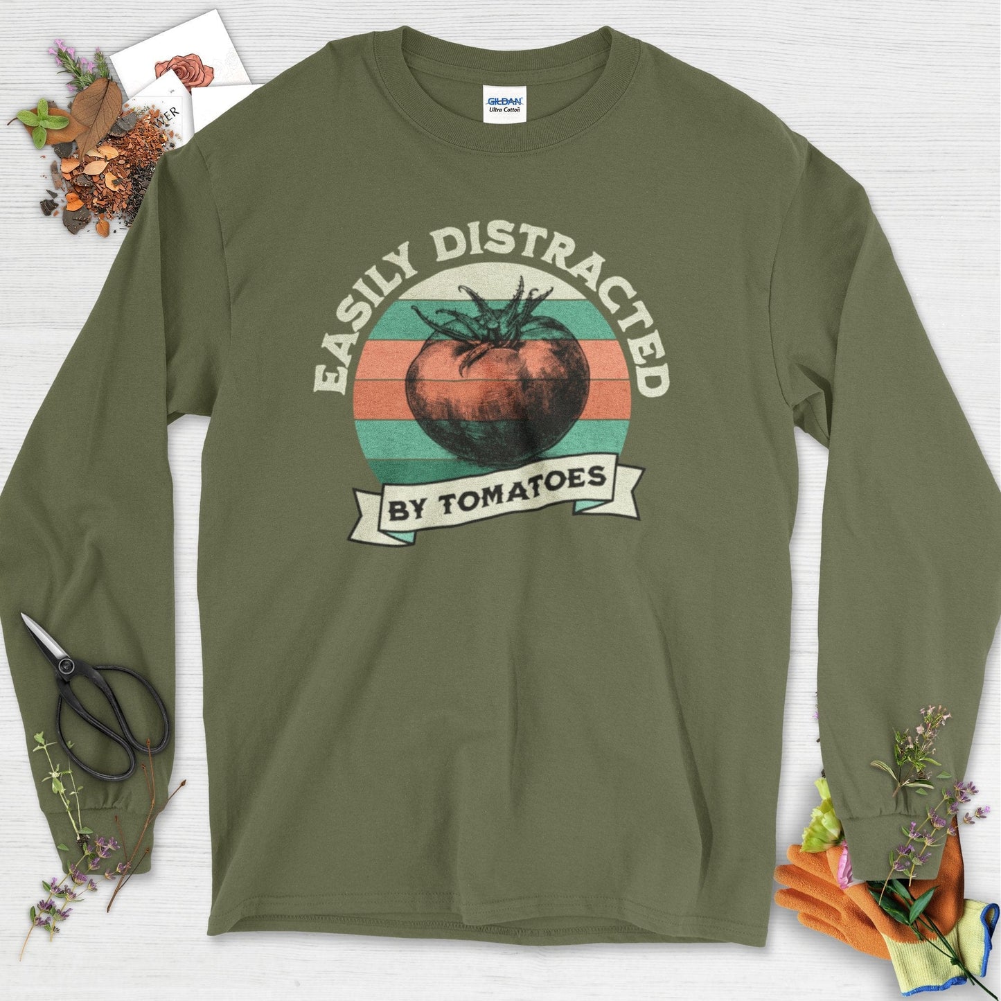 Easily Distracted By Tomatoes Long Sleeve Military Green / S T-Shirt