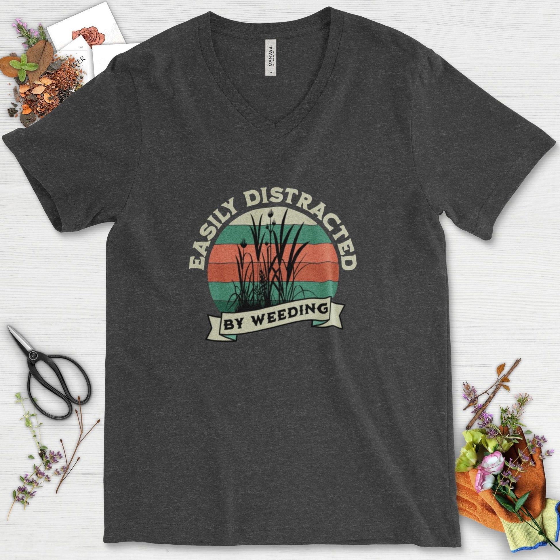 Easily Distracted By Weeding V-Neck Dark Grey Heather / S T-Shirt