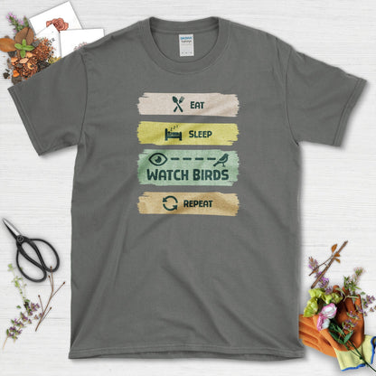 Eat Sleep Birds Repeat T-Shirt T-Shirts / S / Charcoal Physical Item