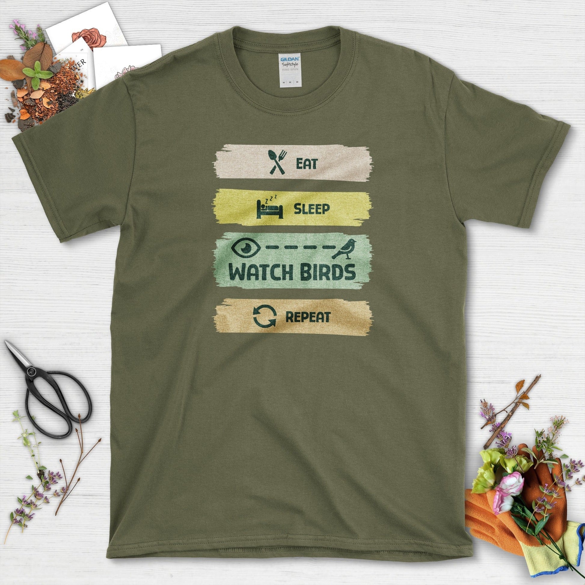 Eat Sleep Birds Repeat T-Shirt T-Shirts / S / Military Green Physical Item