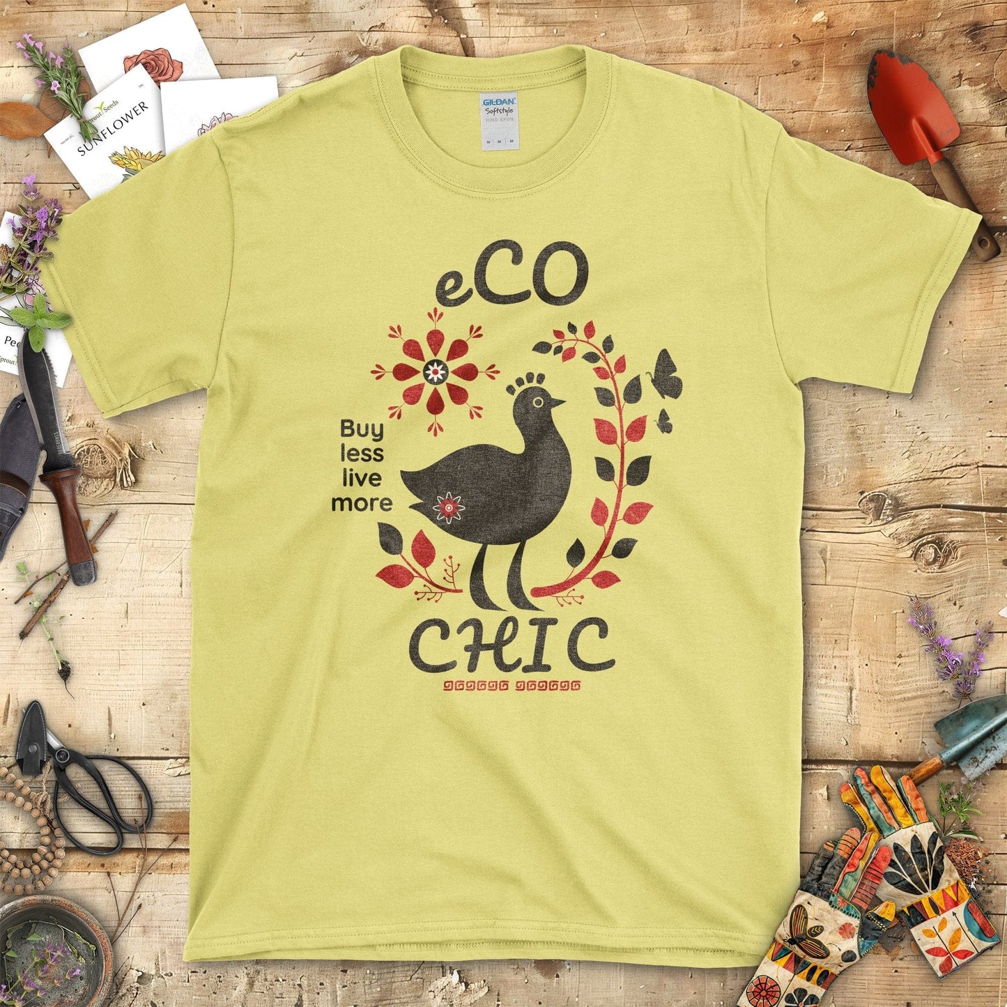 Eco Chic Buy Less Live More Printed T-Shirt Cornsilk / S T-Shirt