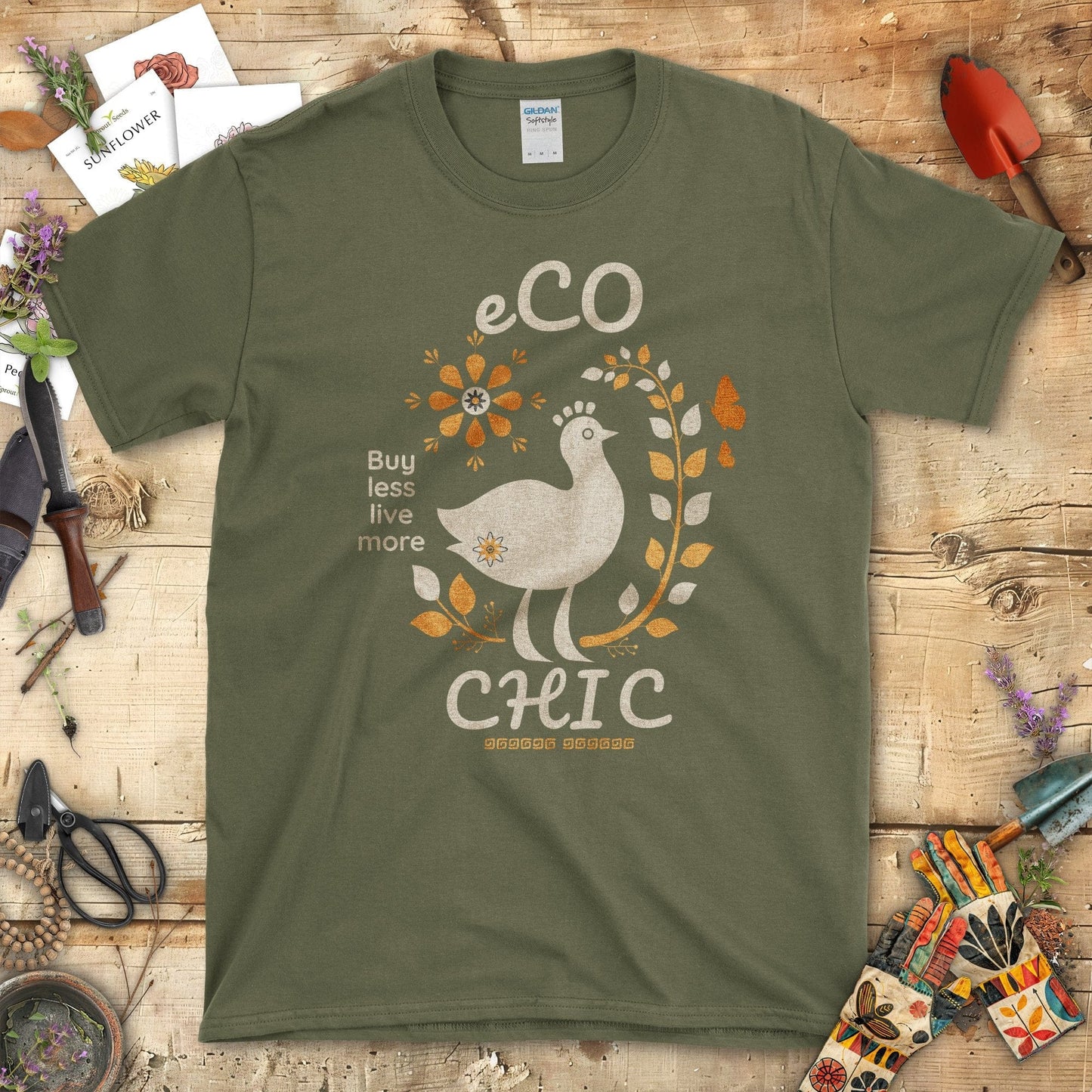 Eco Chic Buy Less Live More Printed T-Shirt Military Green / S T-Shirt