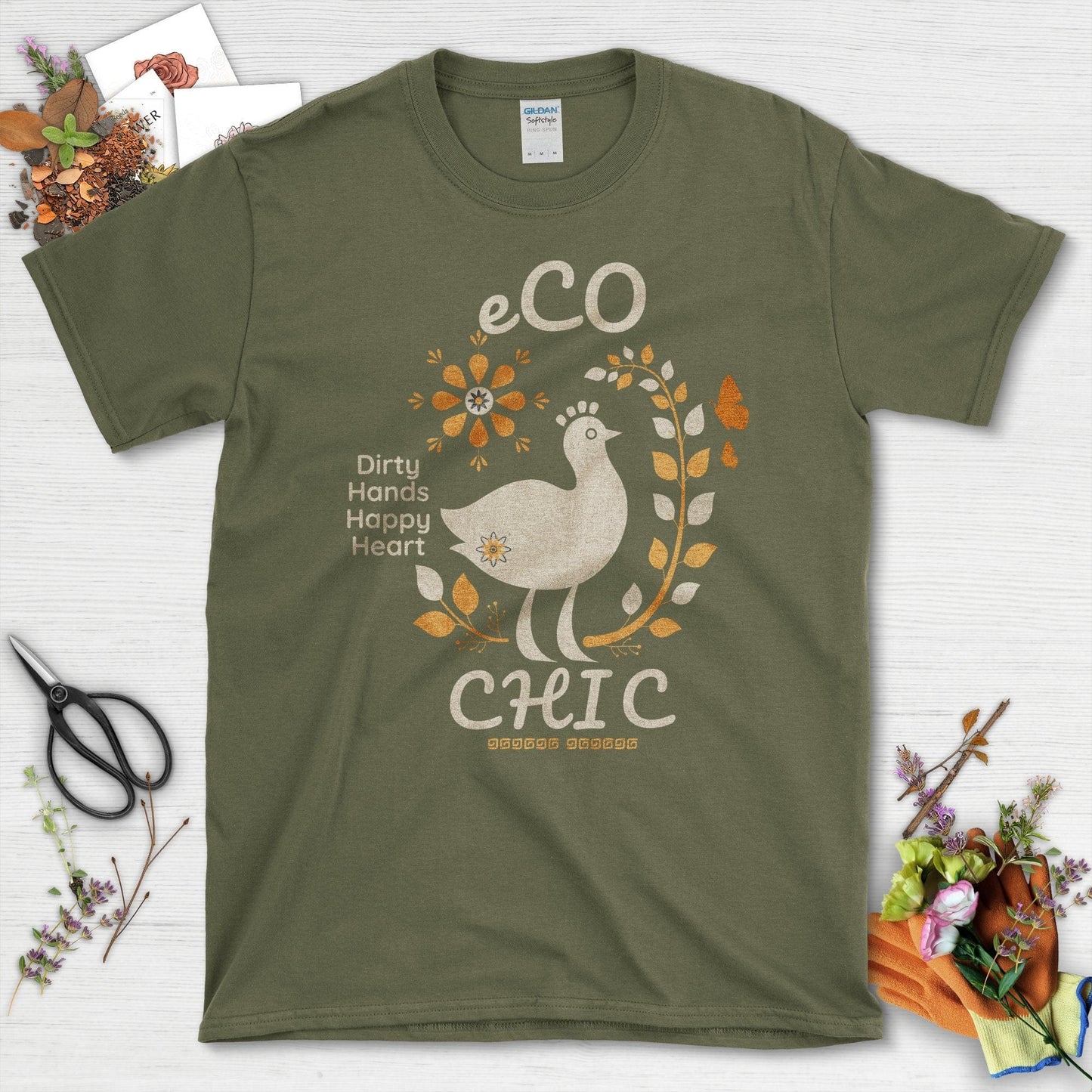 Eco Chic Dirty Hands Happy Heart Graphic T-Shirt Military Green / S T-Shirt