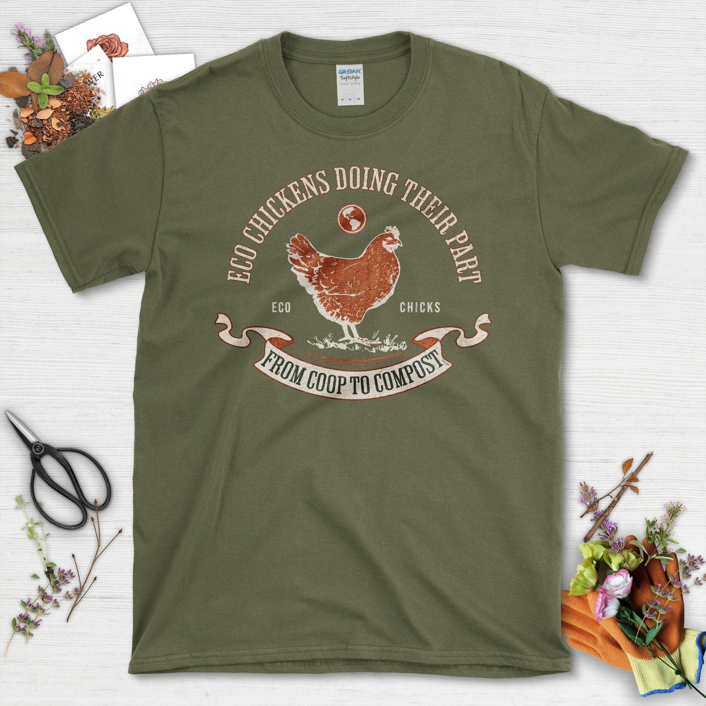 Eco Chickens Doing Their Part From Coop to Compost T-Shirt Military Green / S T-Shirt