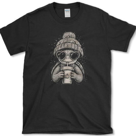 Pumpkin Spice Turtle artwork featuring turtle and pumpkin spice drink on a T-shirt