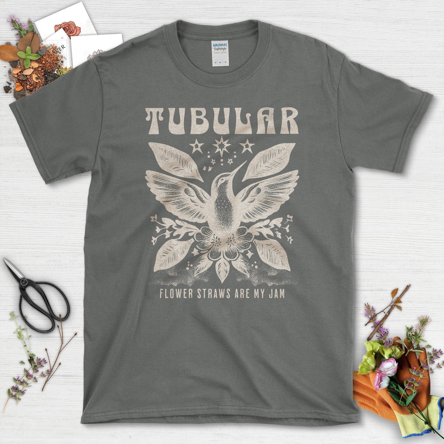 Embrace Nature with Tubular Hummingbird Print T-Shirts Charcoal / S T-Shirt