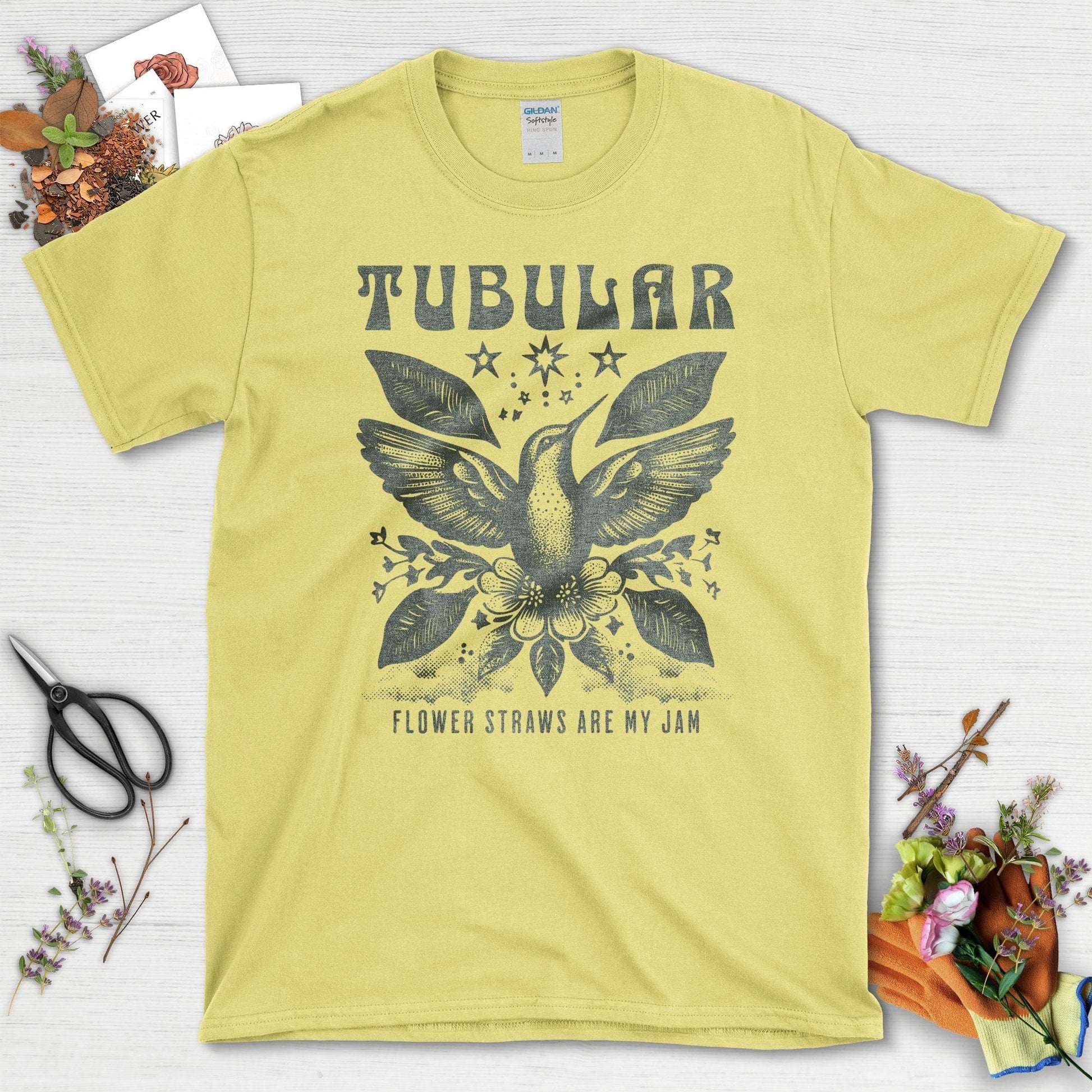 Embrace Nature with Tubular Hummingbird Print T-Shirts Cornsilk / S T-Shirt