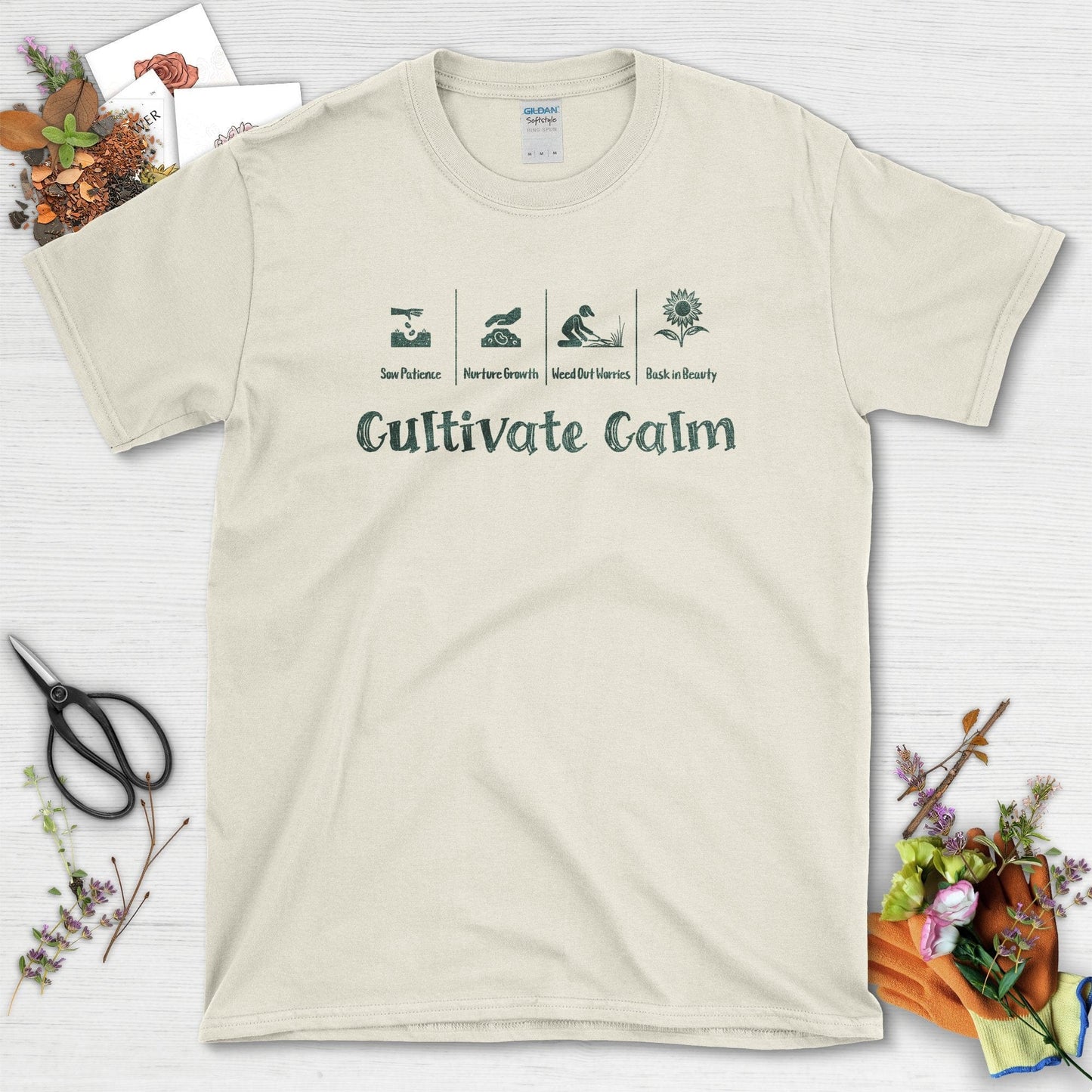 Embrace Peaceful Gardening with Cultivate Calm T-Shirts T-Shirts / Natural / S Physical Item