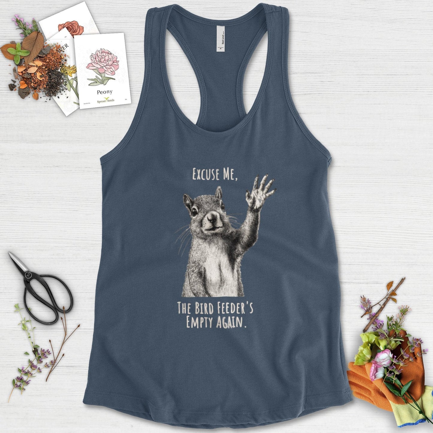 Excuse Me, Bird Feeder's Empty Racerback Racerback / XS / Indigo Physical Item