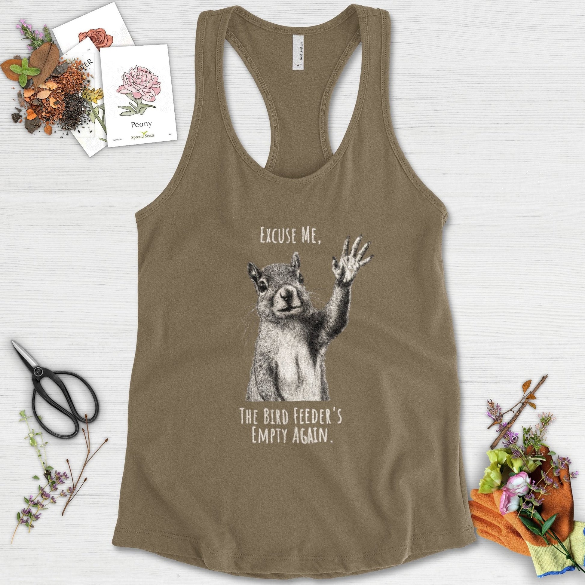 Excuse Me, Bird Feeder's Empty Racerback Racerback / XS / Military Green Physical Item