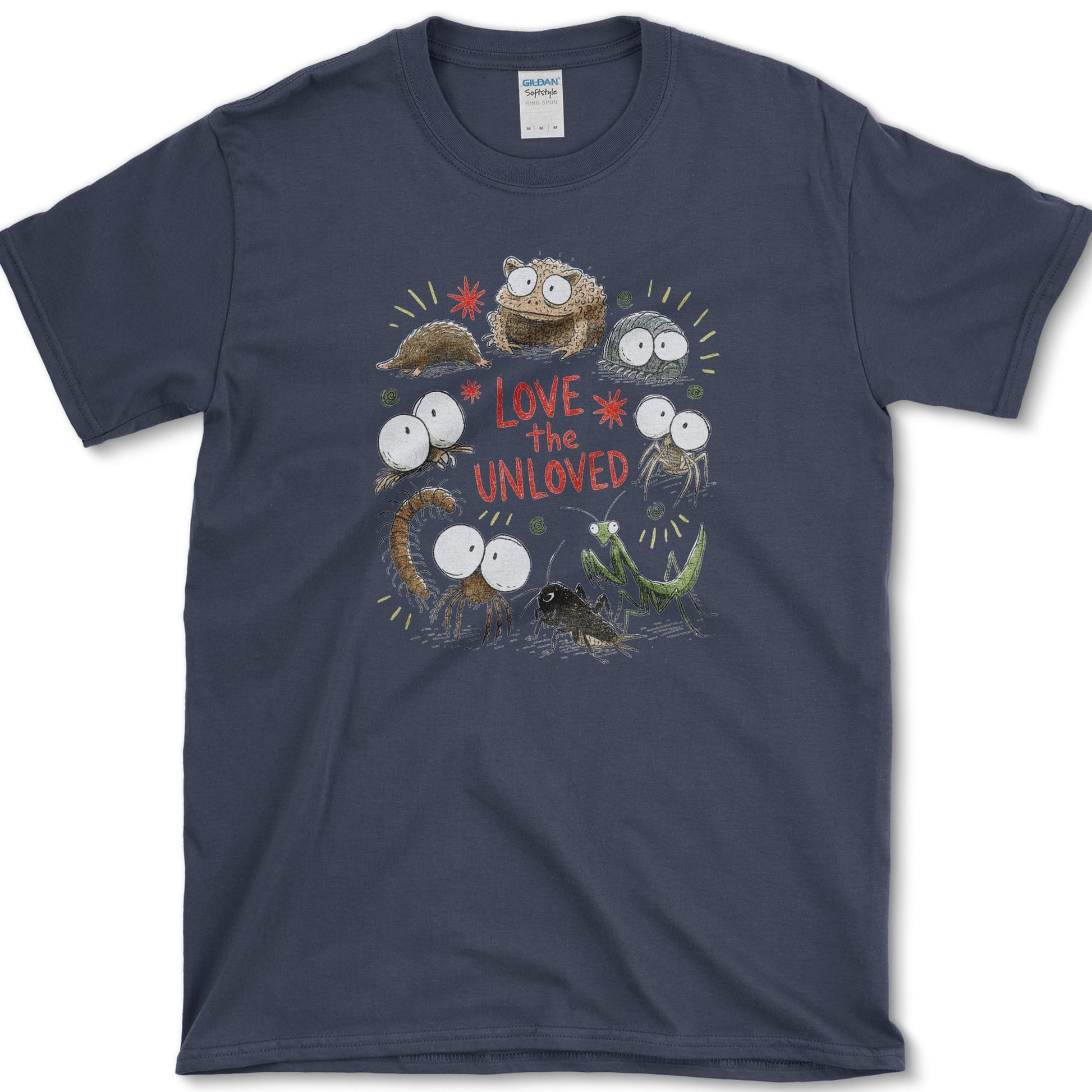 Love The Unloved design featuring garden insects artwork on a t-shirt
