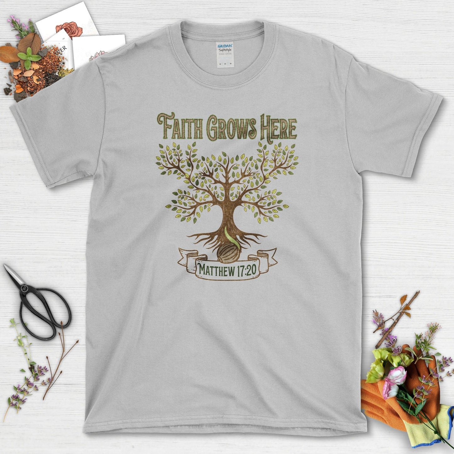 Faith Grows Here T-Shirt Essential Tees / S / Sport Grey Physical Item