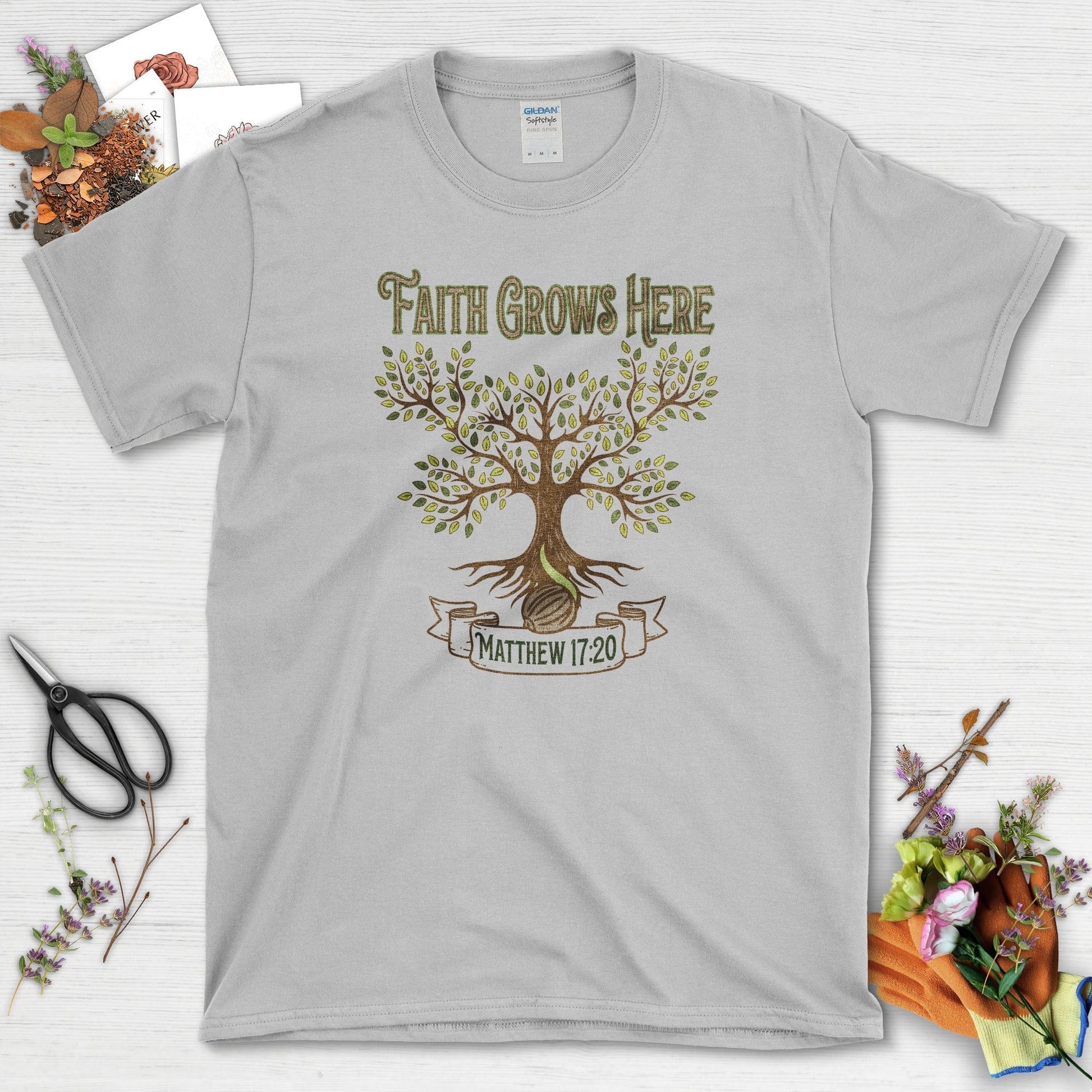 Faith Grows Here T-Shirt Essential Tees / S / Sport Grey Physical Item