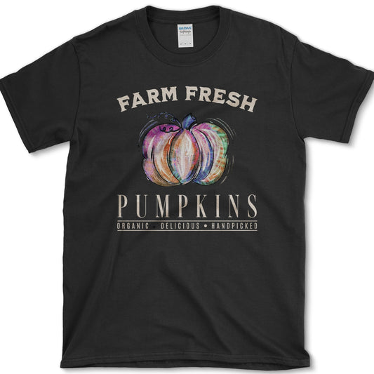 Painterly striped pumpkin in peach, lavender, blue, and green beneath Farm Fresh Pumpkins lettering