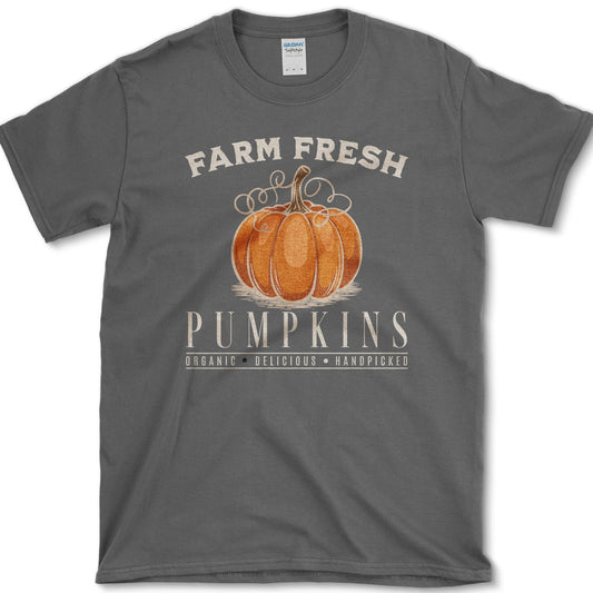 Round orange pumpkin with curling vines beneath Farm Fresh Pumpkins vintage market lettering