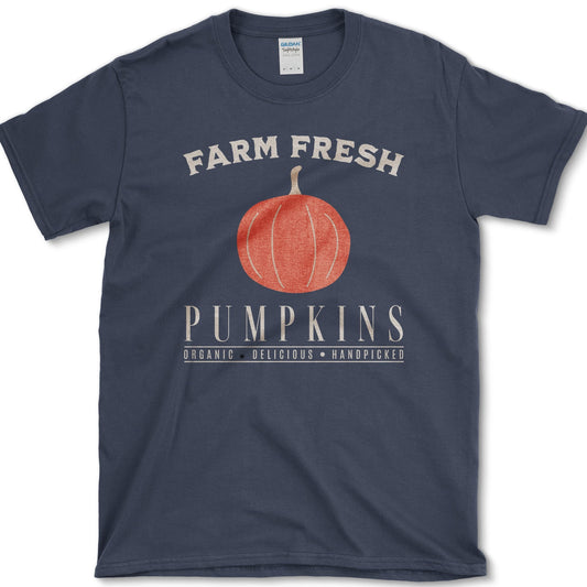 Simple coral pumpkin beneath Farm Fresh Pumpkins lettering in a clean vintage market layout