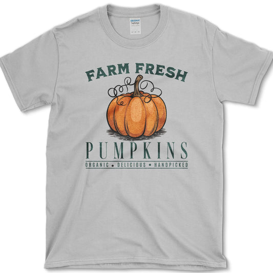 Round orange pumpkin with curling vines beneath Farm Fresh Pumpkins vintage market lettering