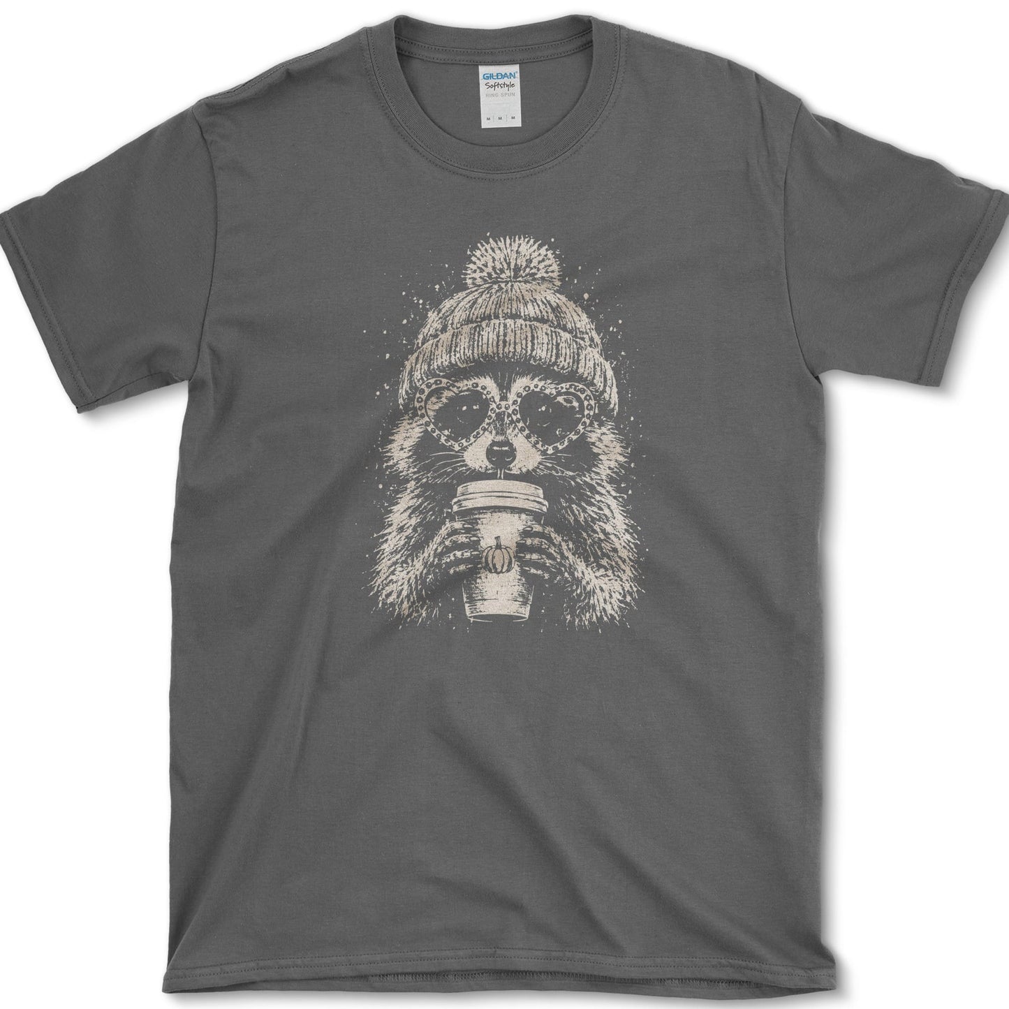 Pumpkin Spice Raccoon artwork featuring raccoon and pumpkin spice drink on a T-shirt