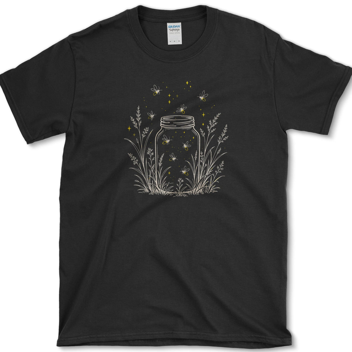 Open mason jar among slender garden stems with small glowing fireflies drifting inside and around it