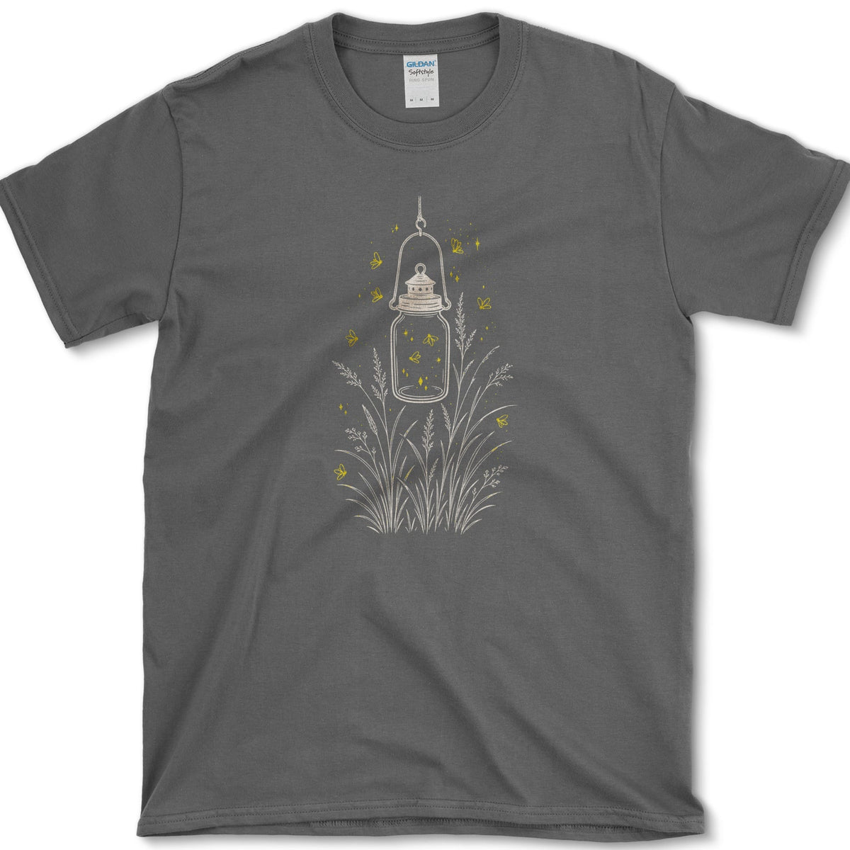 Hanging glass jar lantern rising from tall garden stems with small golden fireflies around it