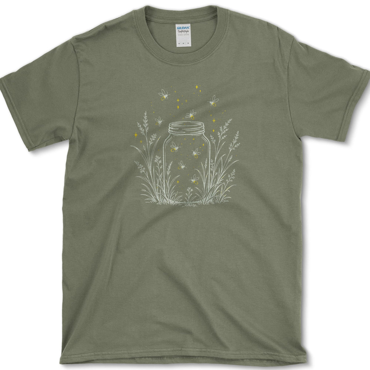 Open mason jar among slender garden stems with small glowing fireflies drifting inside and around it