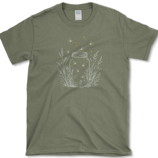 Open mason jar among slender garden stems with small glowing fireflies drifting inside and around it
