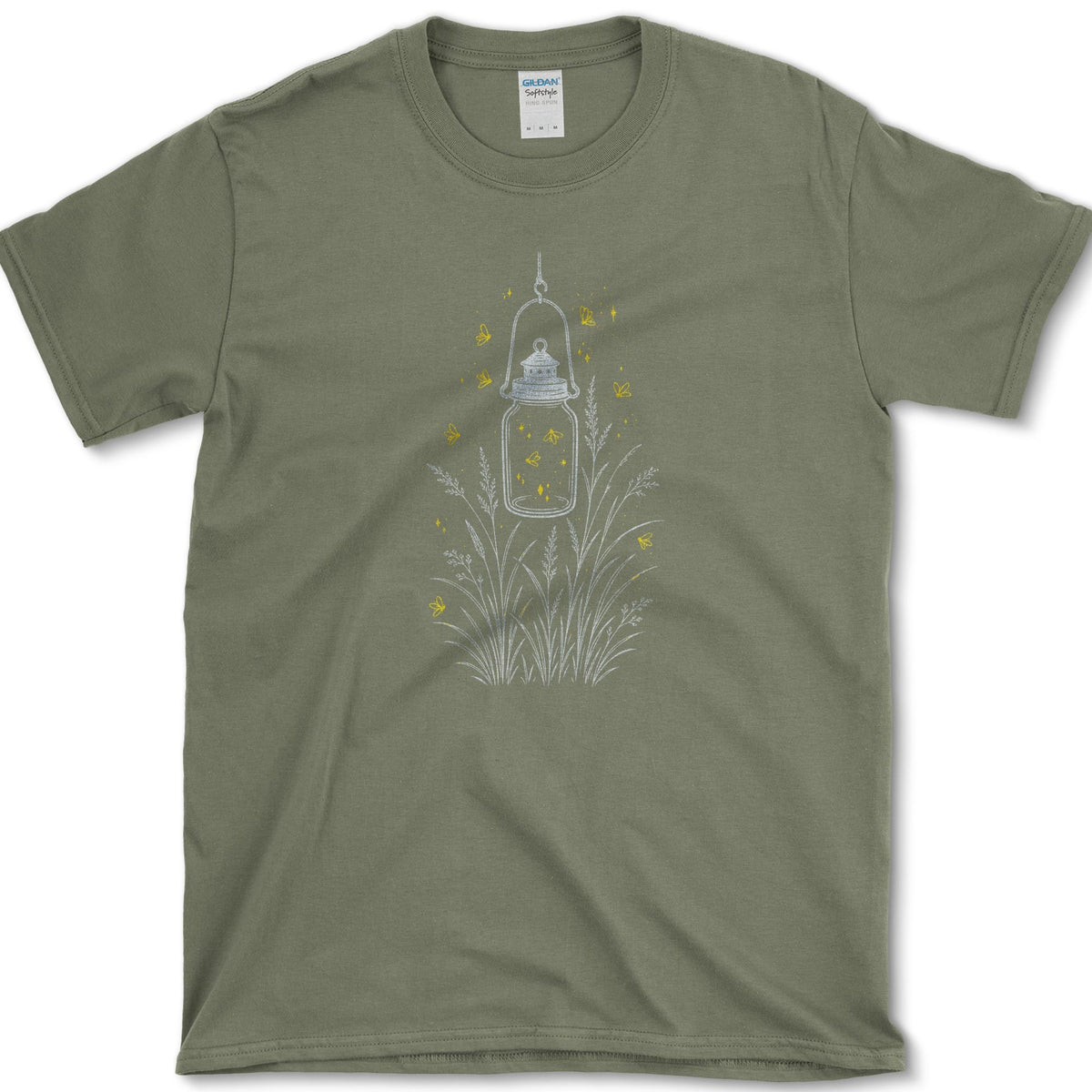 Hanging glass jar lantern rising from tall garden stems with small golden fireflies around it
