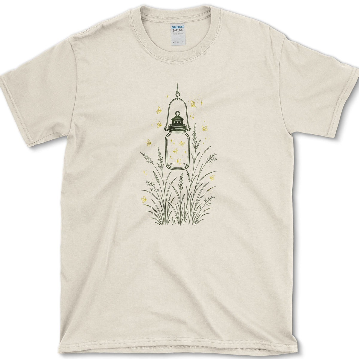 Hanging glass jar lantern rising from tall garden stems with small golden fireflies around it