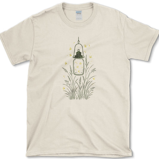 Hanging glass jar lantern rising from tall garden stems with small golden fireflies around it
