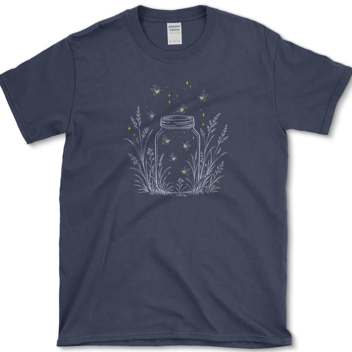 Open mason jar among slender garden stems with small glowing fireflies drifting inside and around it