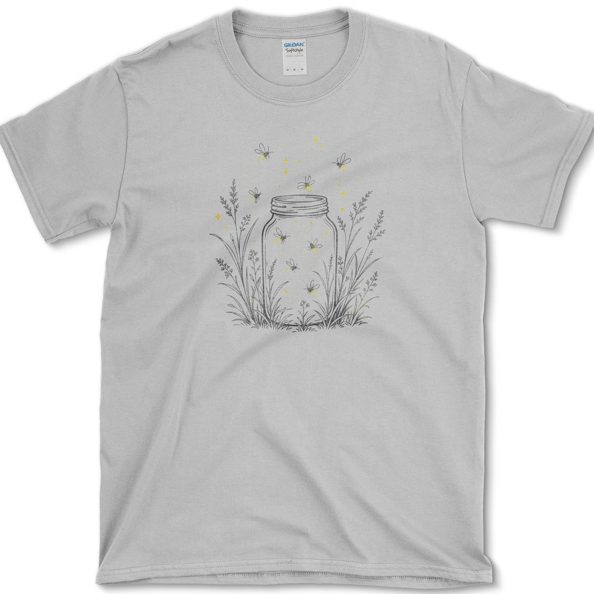 Open mason jar among slender garden stems with small glowing fireflies drifting inside and around it