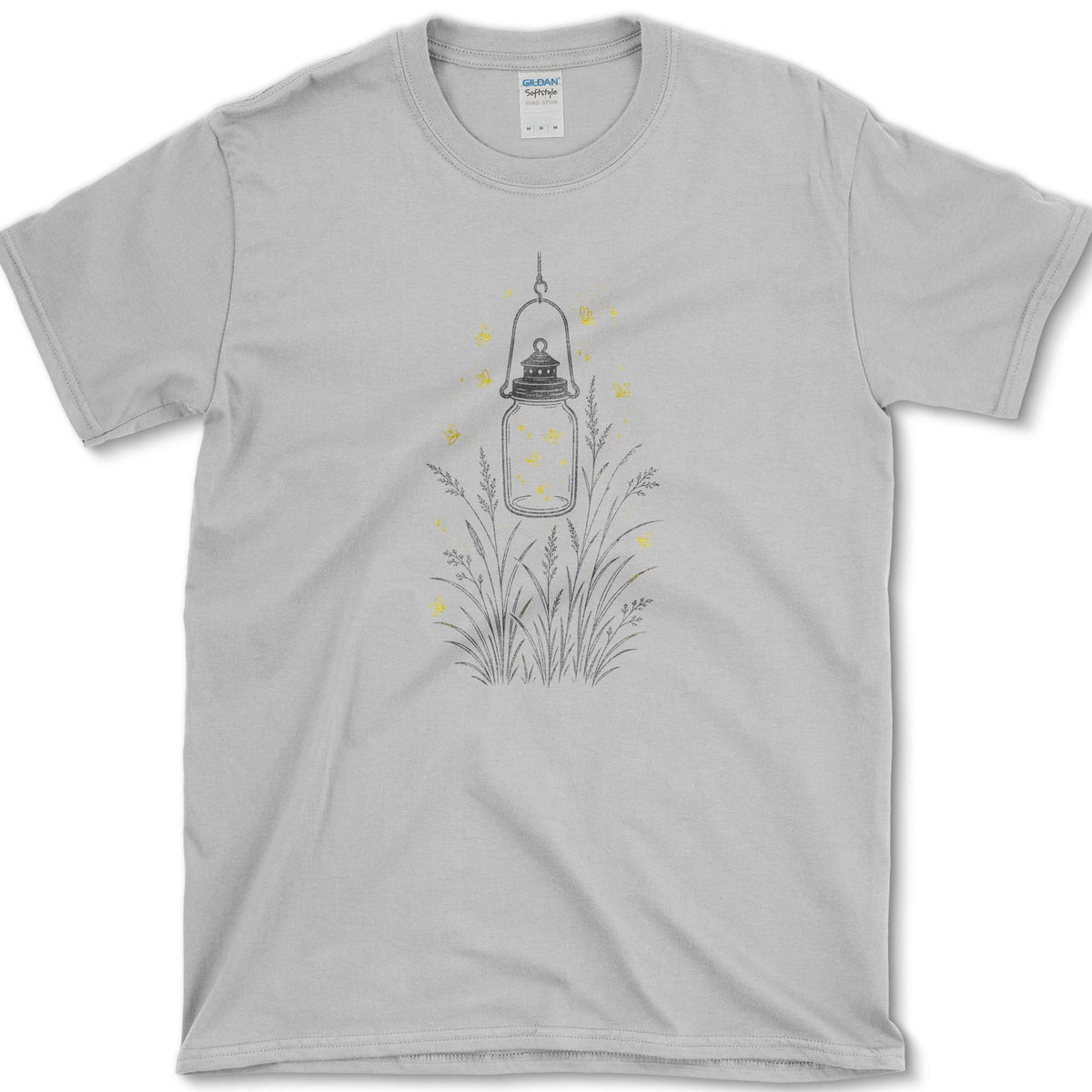 Hanging glass jar lantern rising from tall garden stems with small golden fireflies around it
