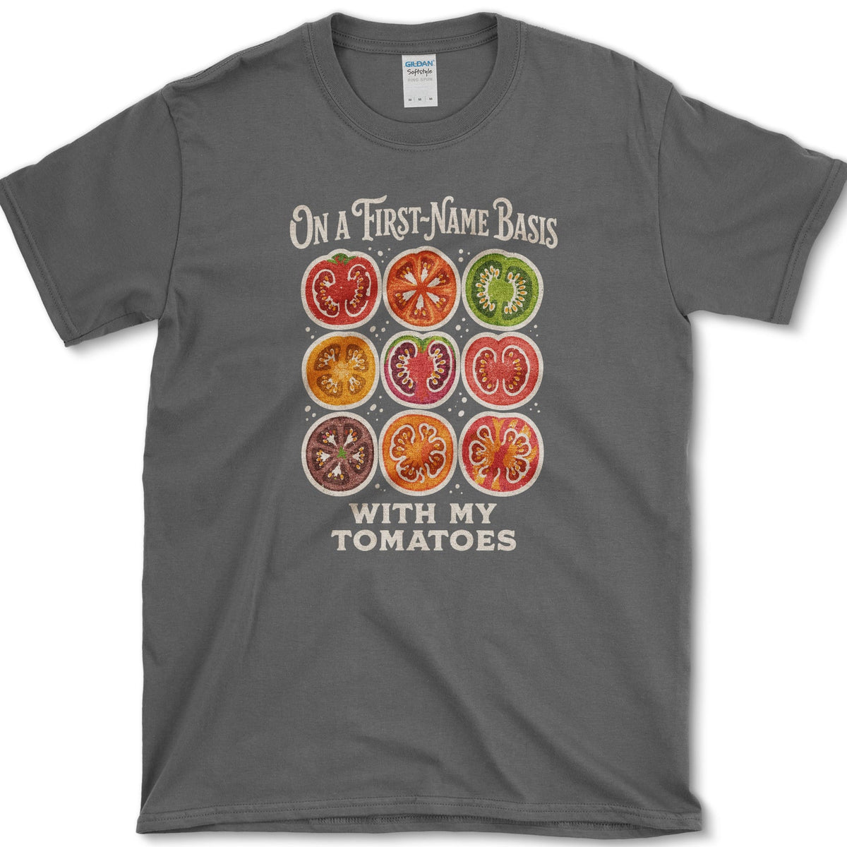 Nine colorful tomato cross-sections between On a First-Name Basis and With My Tomatoes lettering