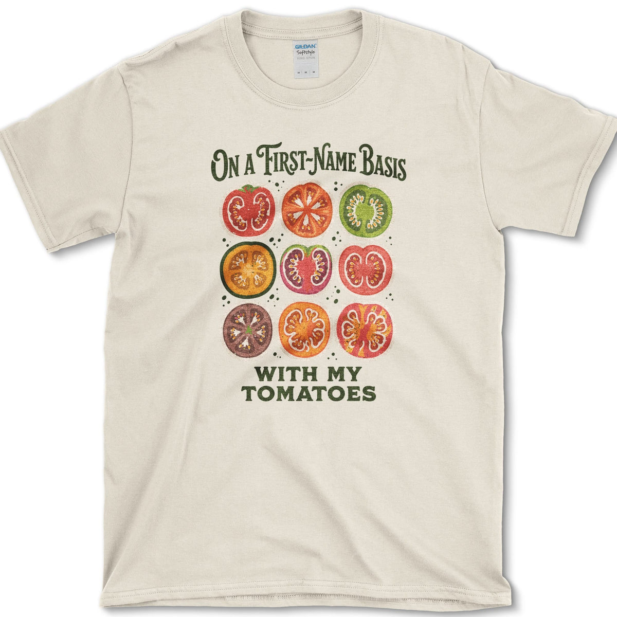 Nine colorful tomato cross-sections between On a First-Name Basis and With My Tomatoes lettering