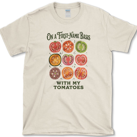 Nine colorful tomato cross-sections between On a First-Name Basis and With My Tomatoes lettering