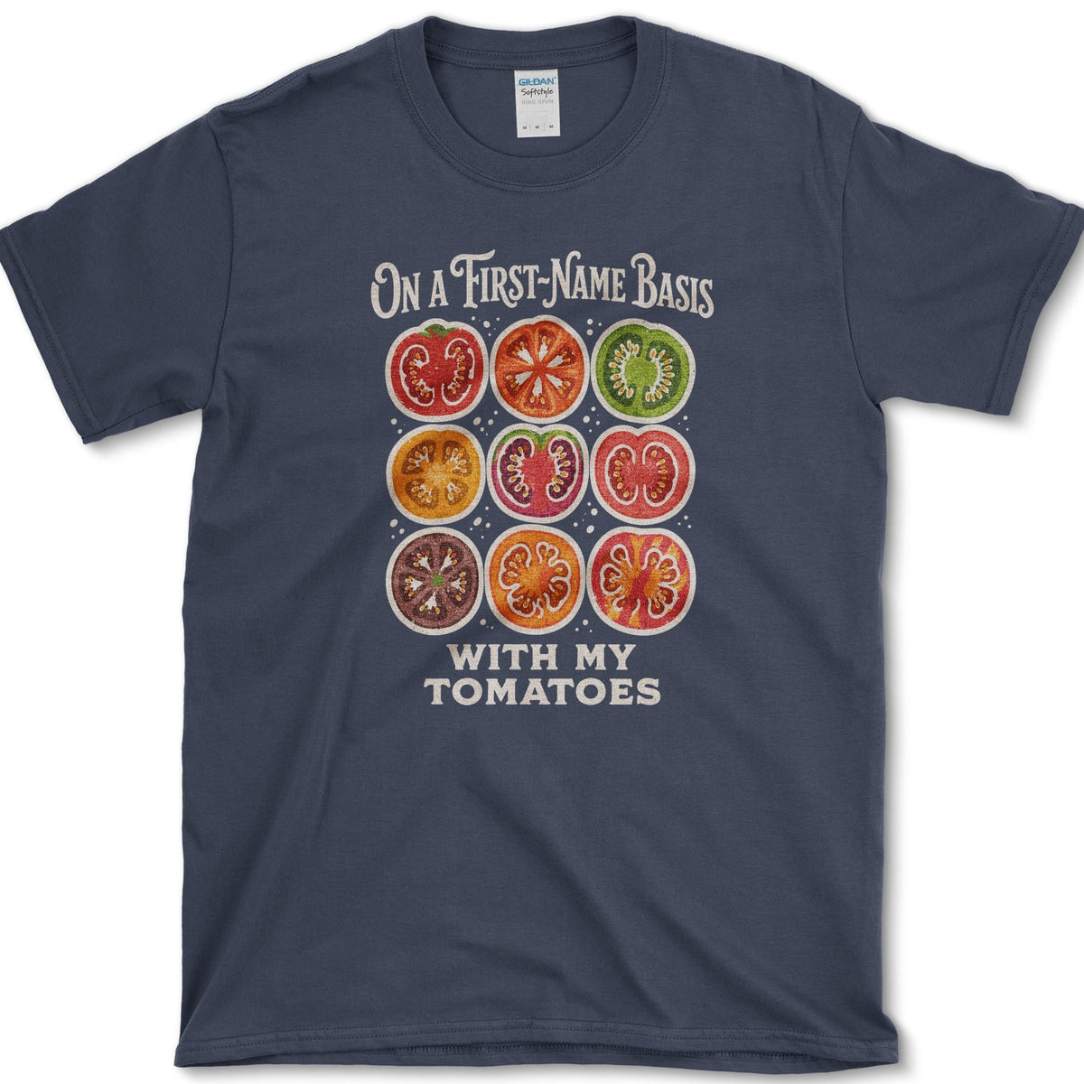Nine colorful tomato cross-sections between On a First-Name Basis and With My Tomatoes lettering